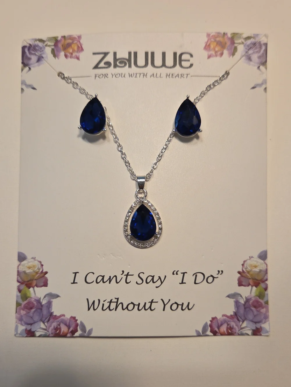 Sapphire Blue Teardrop Pendant Necklace and Earrings Set